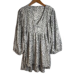 UmGee Black White Spatter Print Vneck High Low Bubble Sleeve Top Size LG